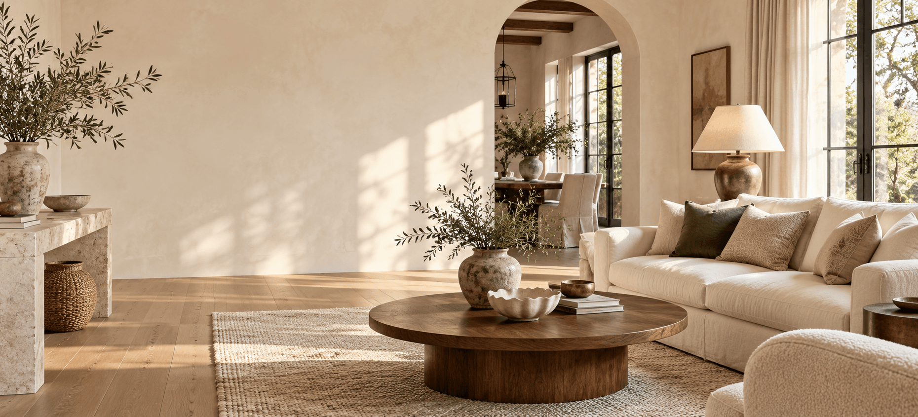 Light-filled living room with linen seating and walnut furniture