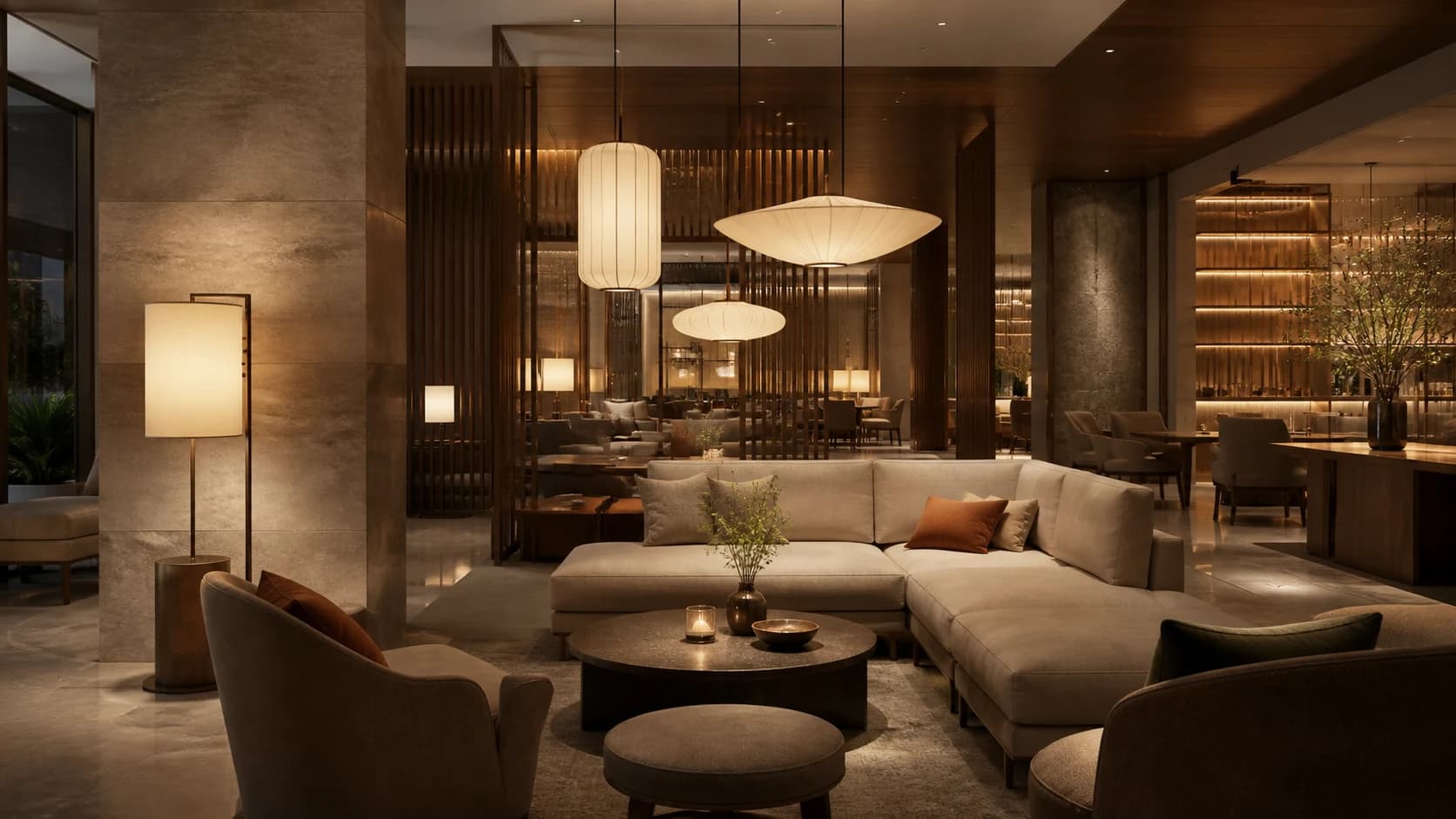 A light-filled interior with natural materials and layered decorative lighting