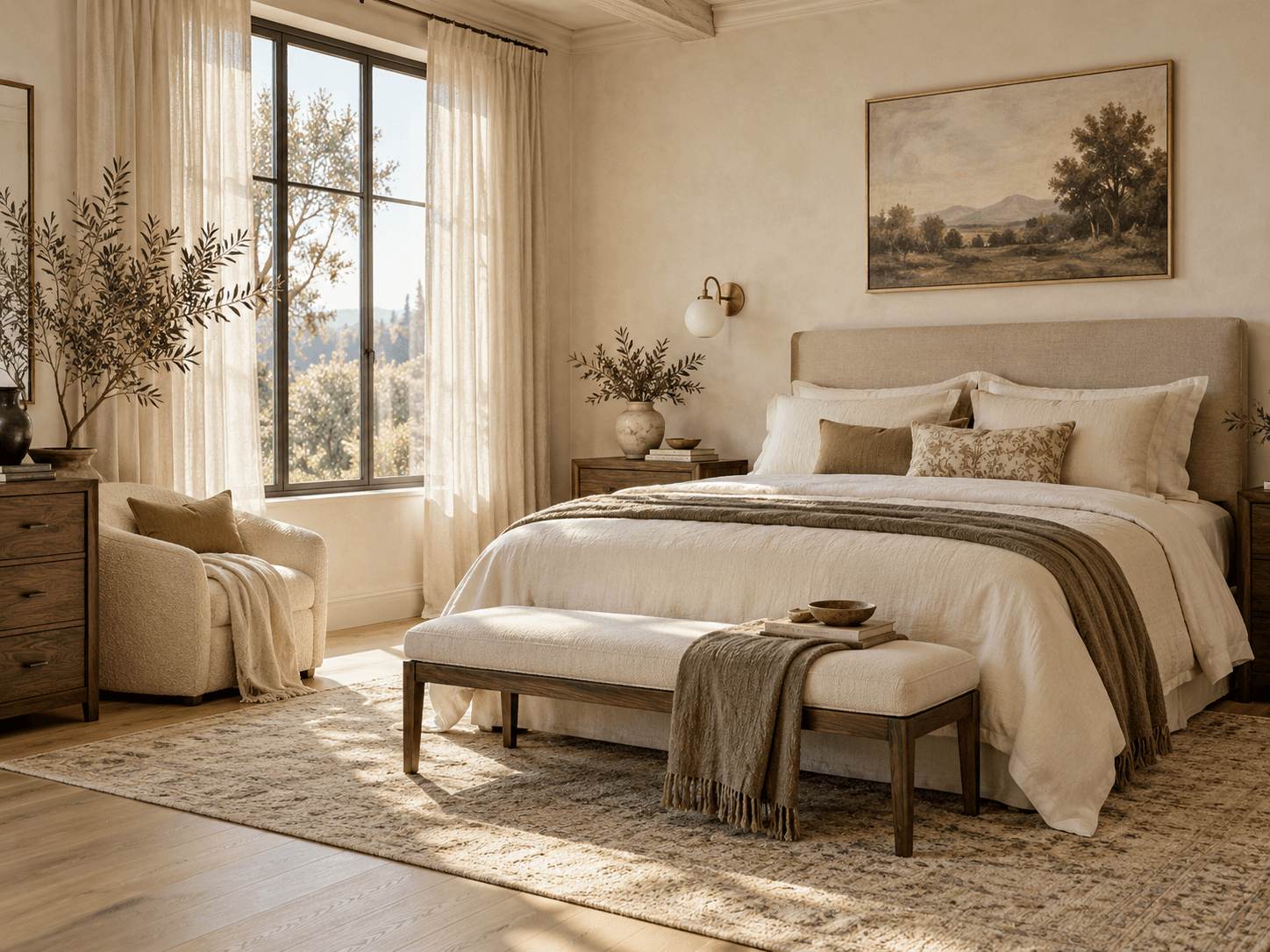 Quiet bedroom with ivory linen bedding and warm bedside lighting
