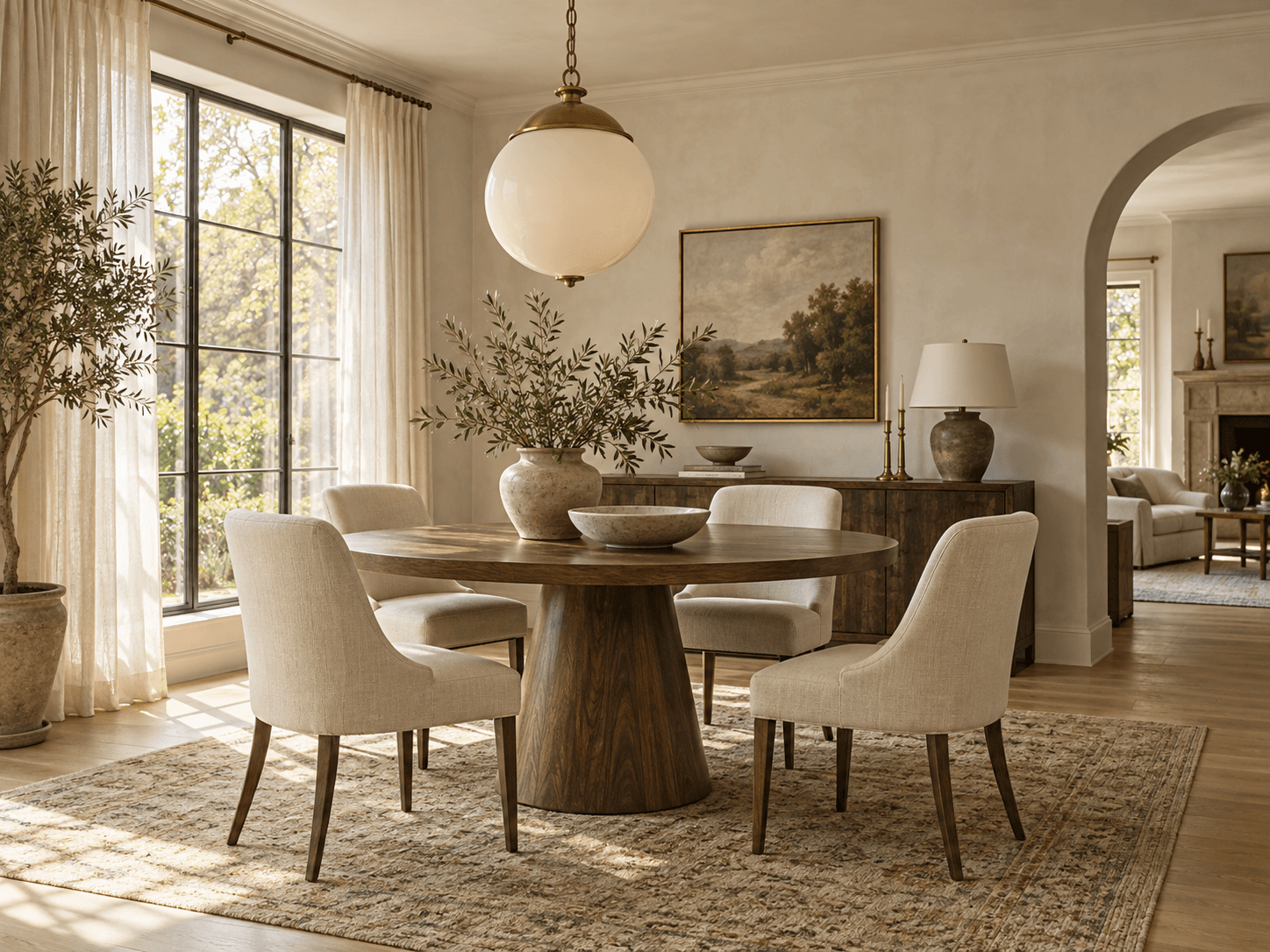 Airy dining room with a walnut table and soft globe pendant