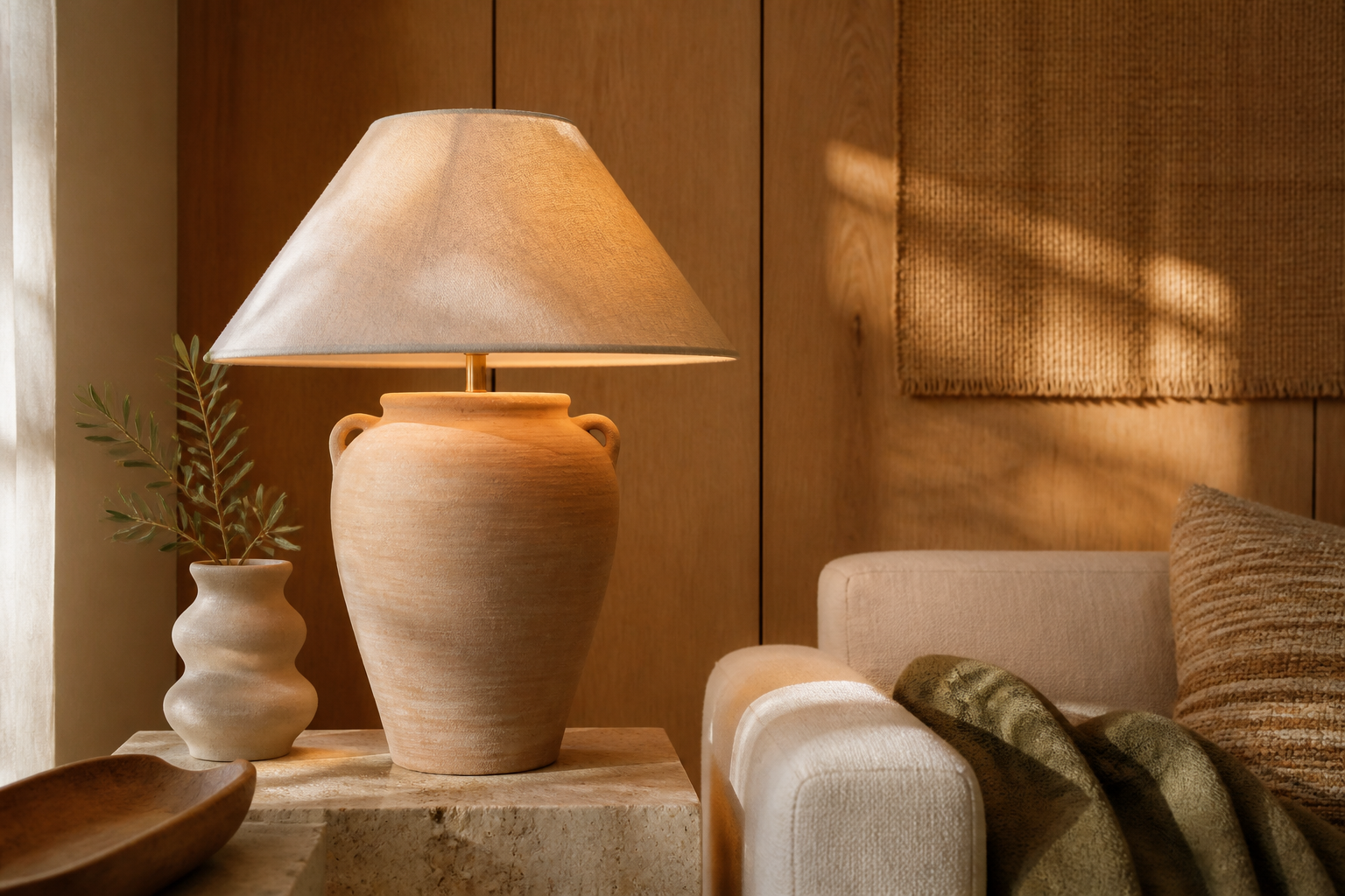 Ceramic table lamp in a warm interior