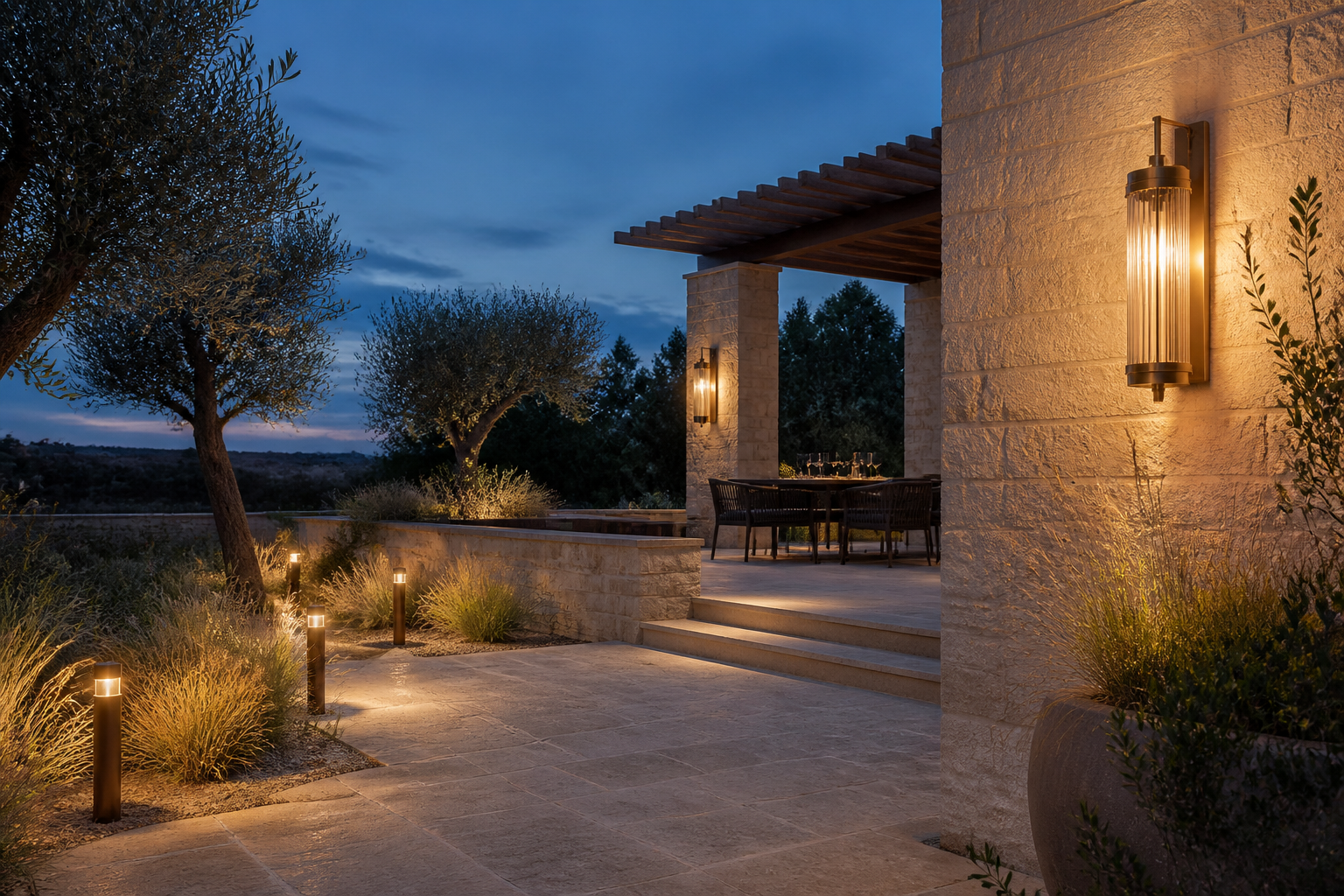 Outdoor lighting on a garden terrace